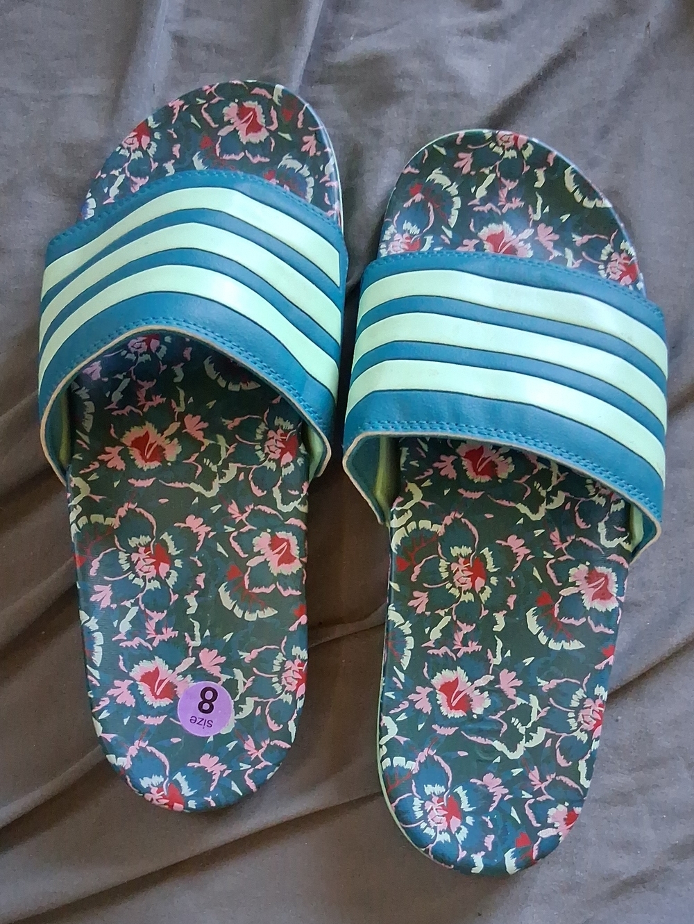 adidas Floral Slide Sandals in Teal and Mint